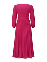 V-neck long-sleeved pleated A-line midi dress - View 10 | Lwiis
