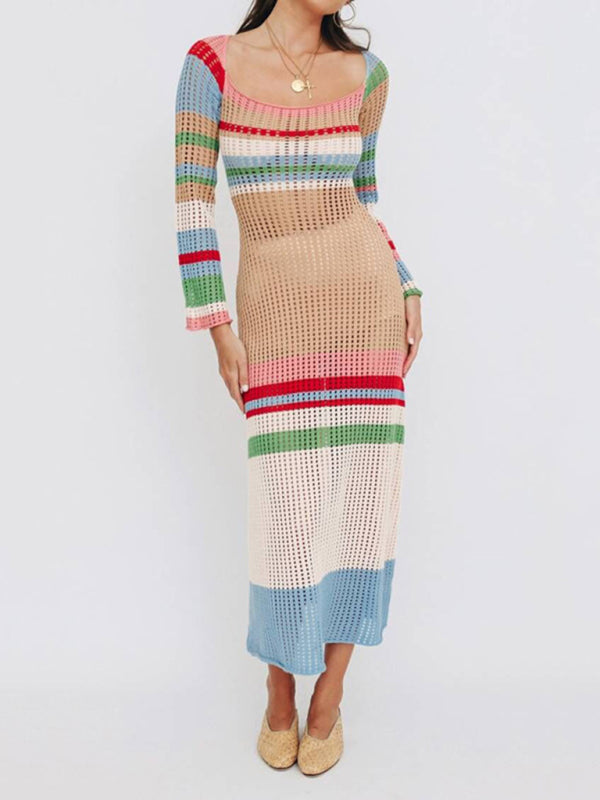 Striped crochet knit midi dress - View 11 | Lwiis