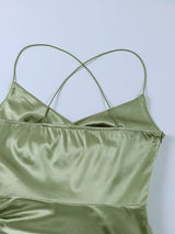 Satin spaghetti strap midi dress with cowl neckline and high slit - View 7 | Lwiis