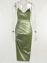 Satin spaghetti strap midi dress with cowl neckline and high slit - View 9 | Lwiis