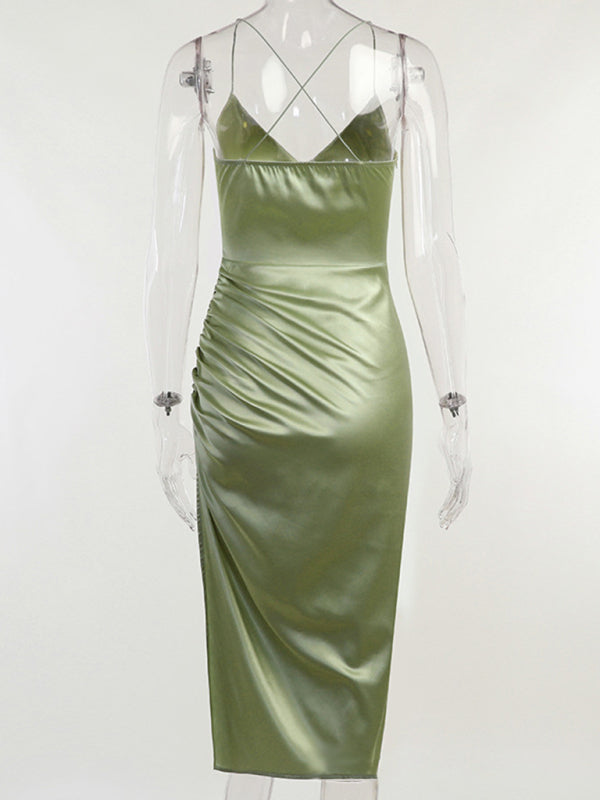 Satin spaghetti strap midi dress with cowl neckline and high slit - View 9 | Lwiis