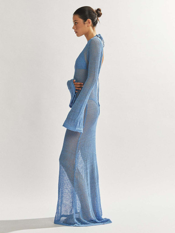 style knitted long-sleeved backless sexy see-through floor-length maxi dress
