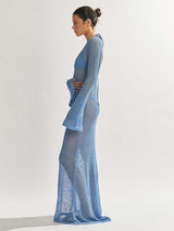 style knitted long-sleeved backless sexy see-through floor-length maxi dress