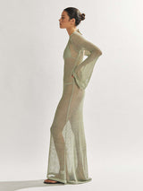 style knitted long-sleeved backless sexy see-through floor-length maxi dress