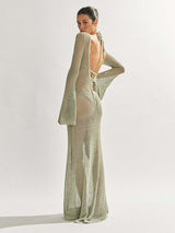 style knitted long-sleeved backless sexy see-through floor-length maxi dress