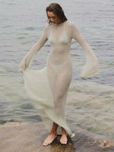 style knitted long-sleeved backless sexy see-through floor-length maxi dress
