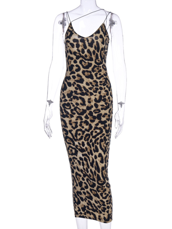 Mannequin wearing a leopard print midi dress, front view