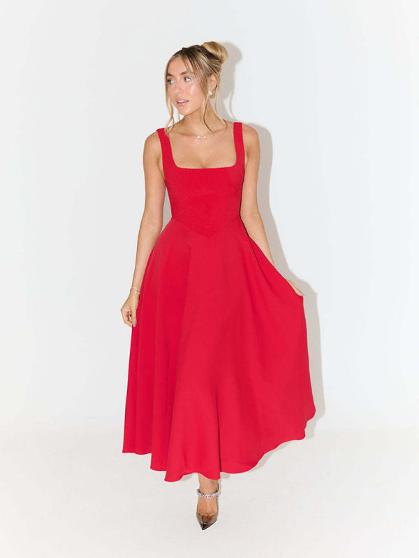 woman in red fit and flare midi dress with square neckline