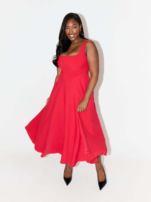 woman in red fit and flare midi dress with square neckline