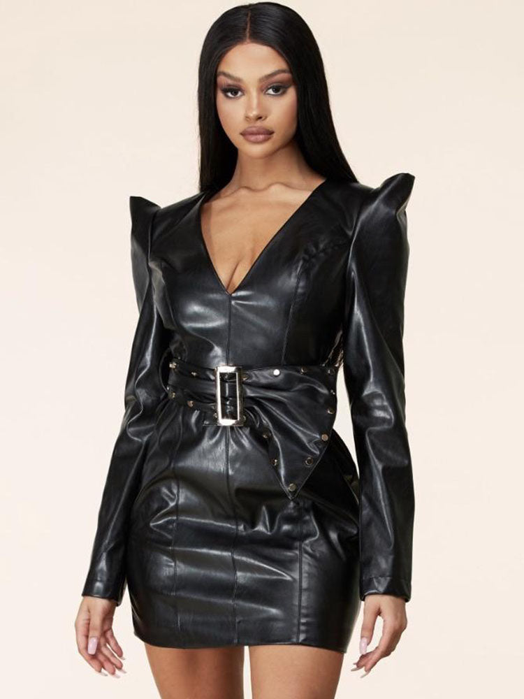 Close-up of a black faux leather V-neck dress with shoulder pads and a belted waist