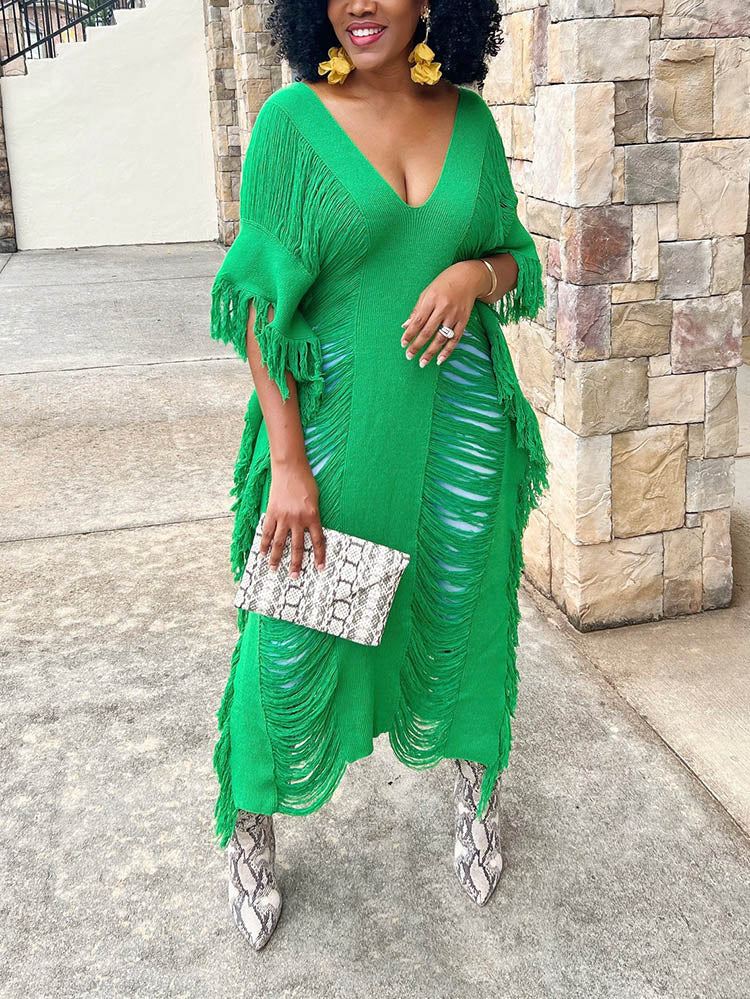 Knit Maxi Dress with Fringe Detailing - View 6 | Lwiis