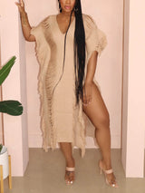 Knit Maxi Dress with Fringe Detailing - View 17 | Lwiis