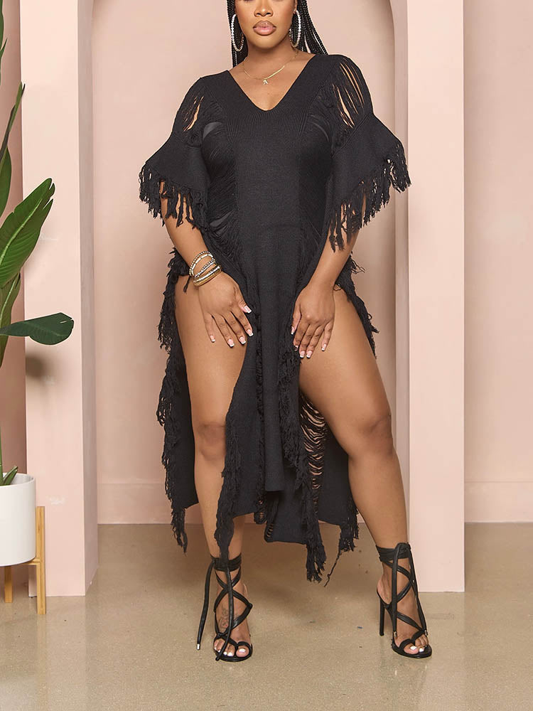 Knit Maxi Dress with Fringe Detailing - View 14 | Lwiis