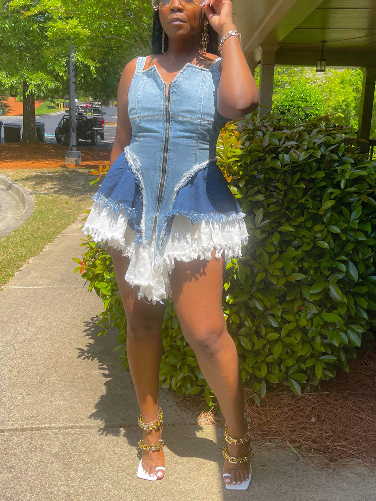 Denim patchwork mini dress with V-neckline and zipper front - View 7 | Lwiis