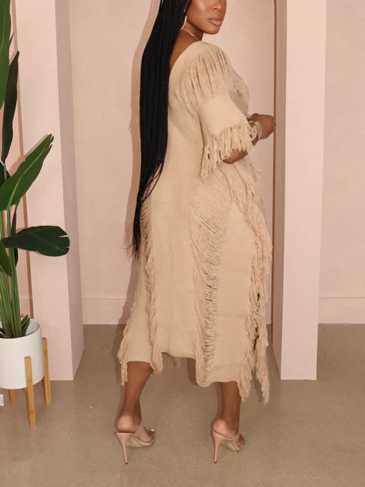 Knit Maxi Dress with Fringe Detailing - View 18 | Lwiis
