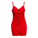 red denim mini dress with spaghetti straps and a zipper closure