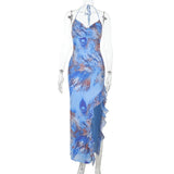 Blue abstract print halter maxi dress displayed on a mannequin