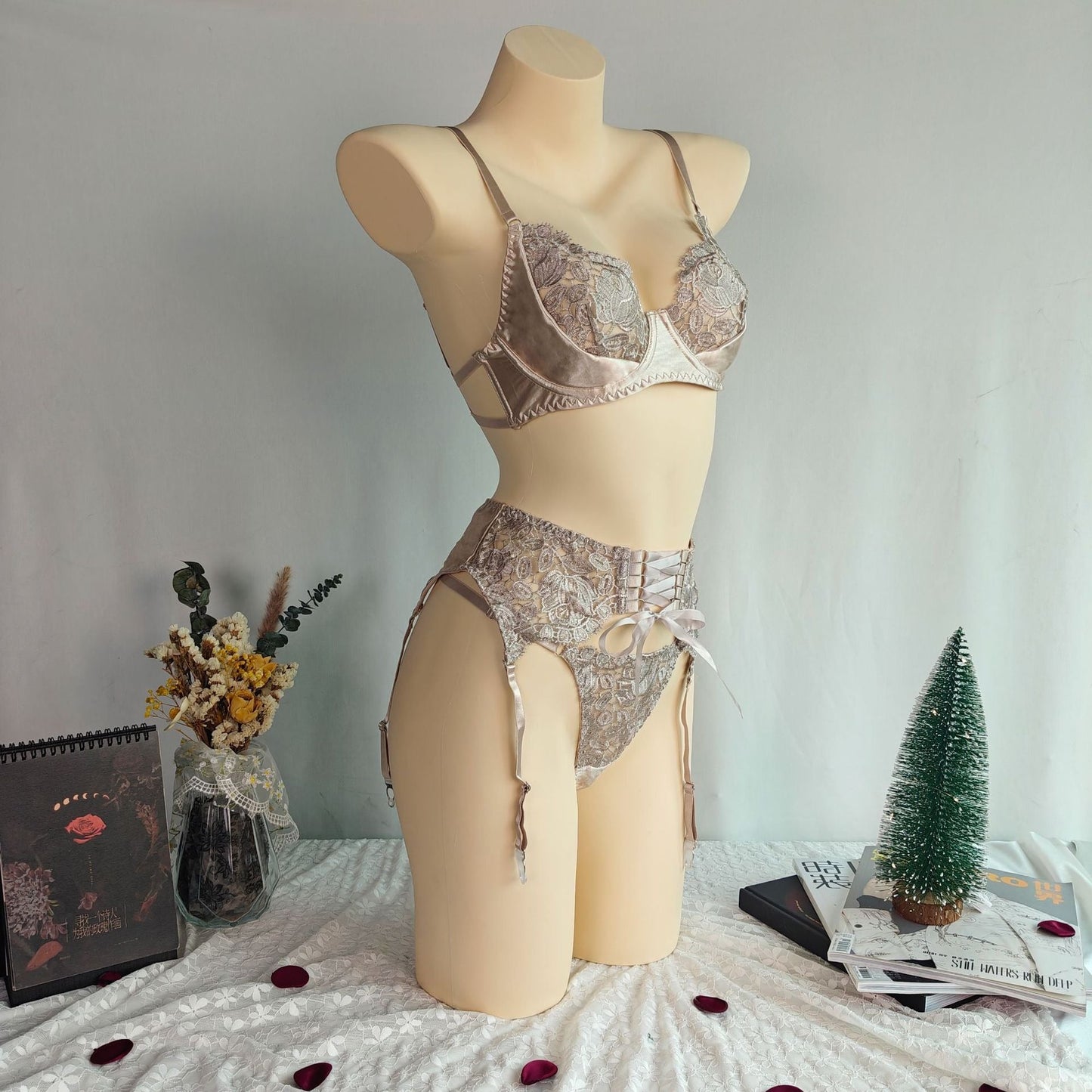 Embroidered Lace 3 Piece Sexy Lingerie Set