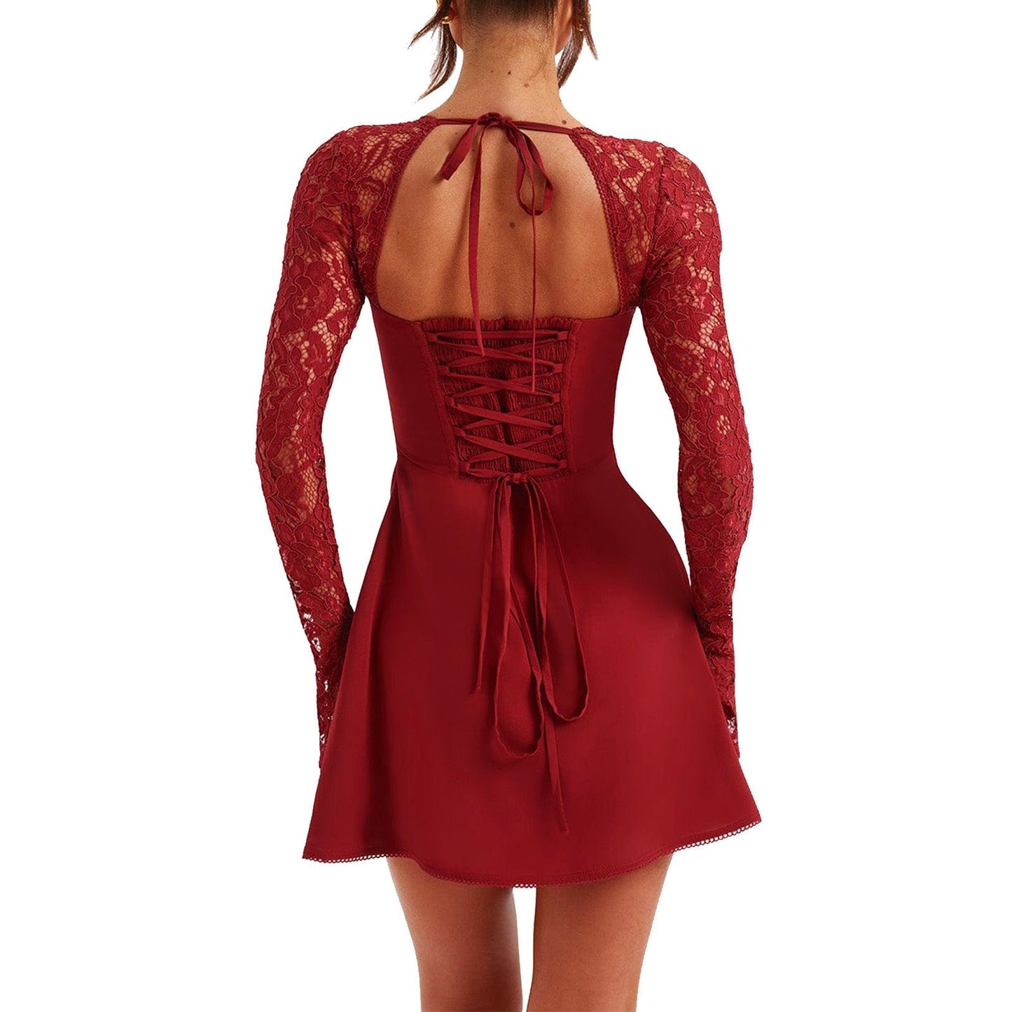 Woman wearing a red mini dress with lace sleeves and a sweetheart neckline, back view showing corset lacing