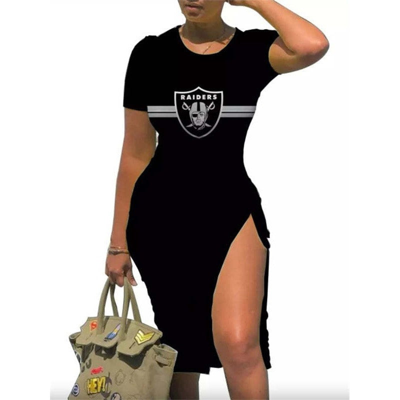 Woman wearing a Las Vegas Raiders themed bodycon midi dress with a high slit.