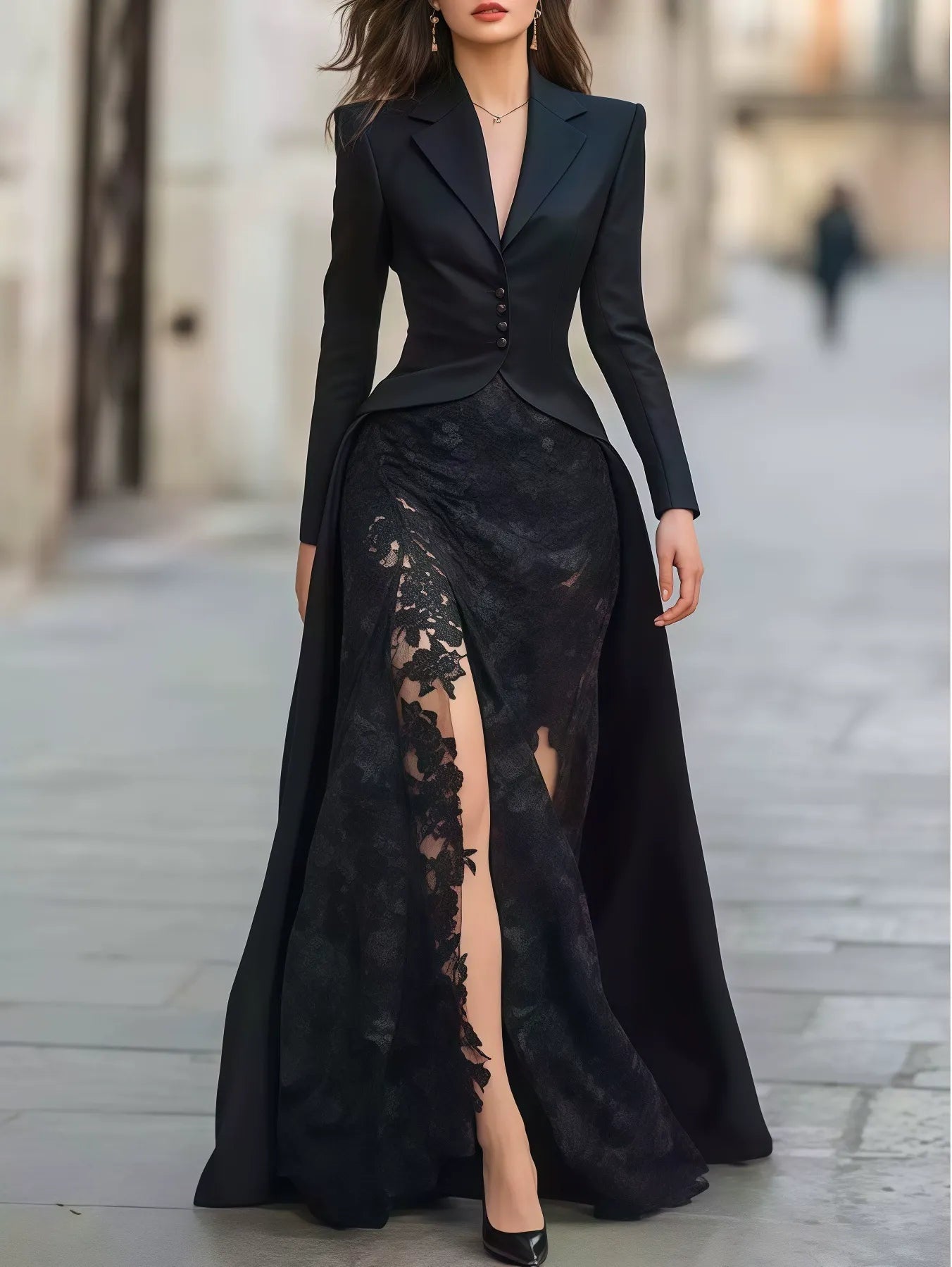 Close-up of the intricate lace detailing on the black formal dress.