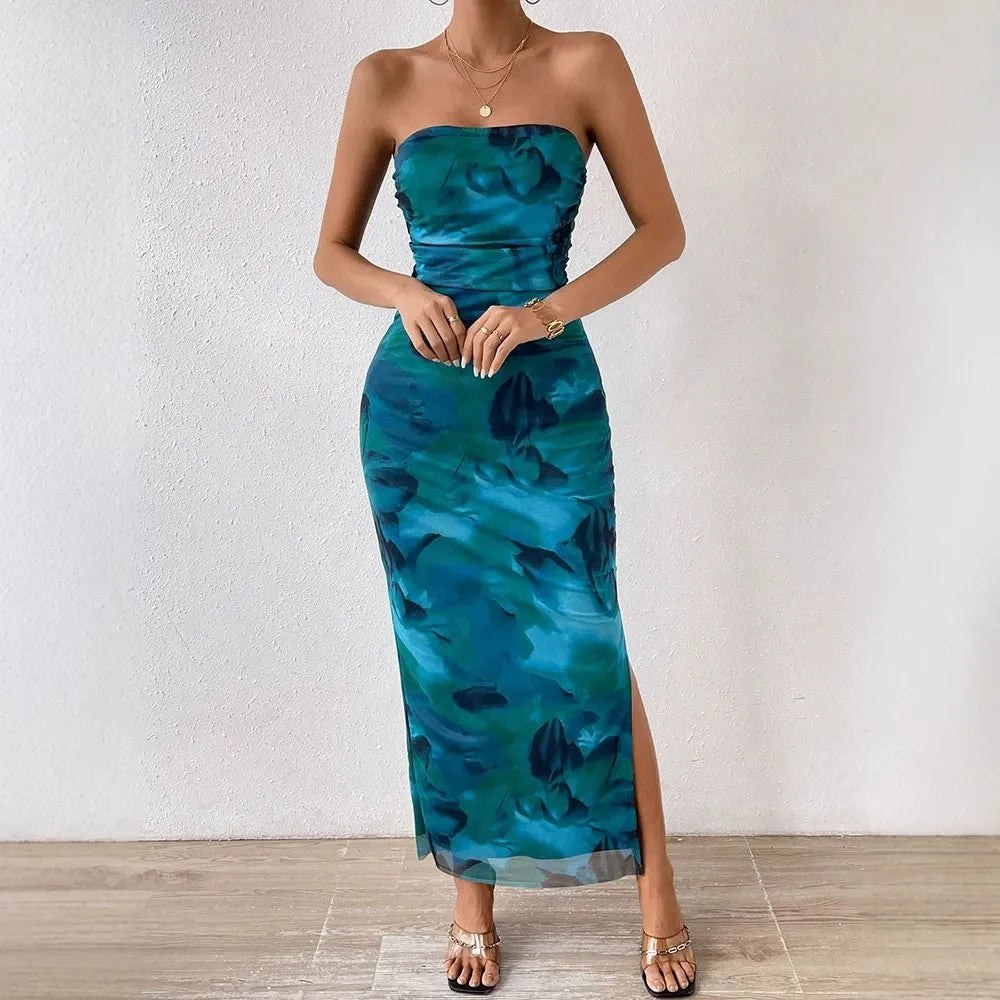 Floral print strapless maxi dress with a high slit hem - View 6 | Lwiis