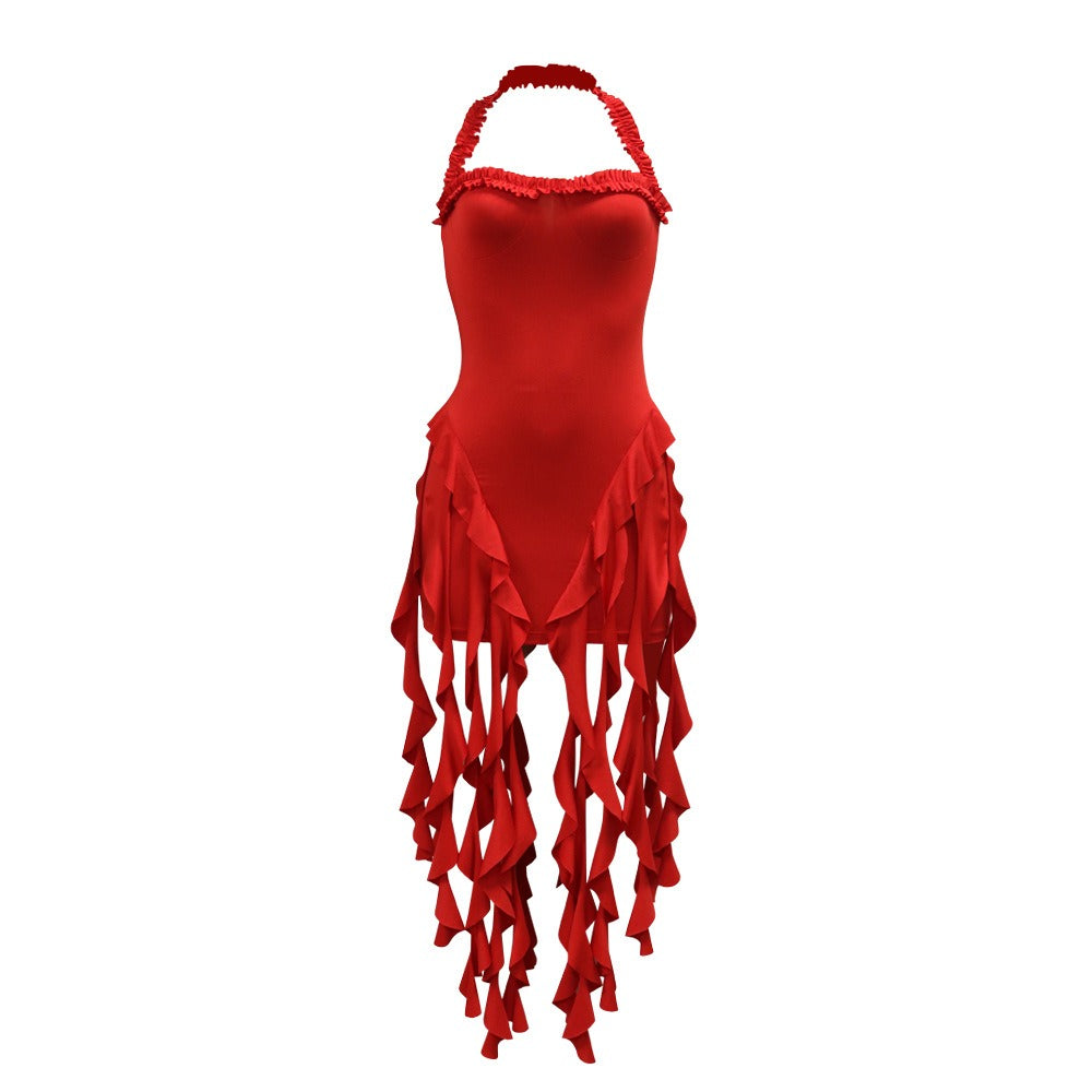 Halter neck dress with tassel hem - View 9 | Lwiis
