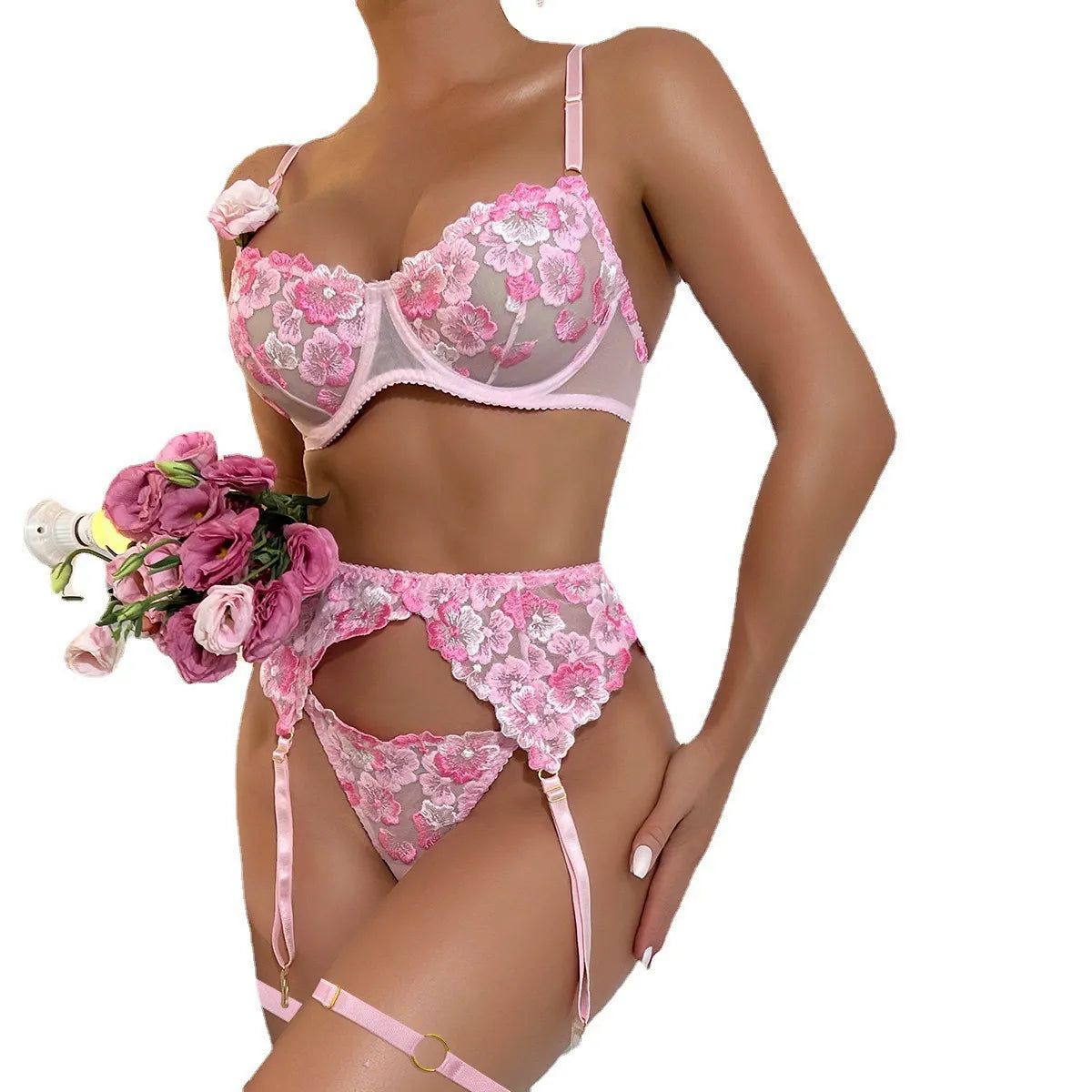 Floral Embroider Lace Mesh Sexy Lingerie Set