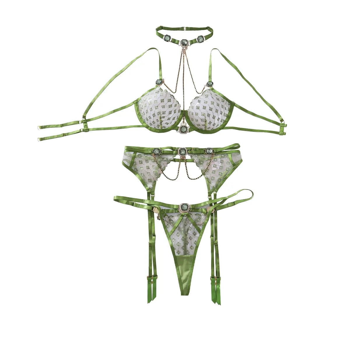 Bows Picot Cut Out Mesh Sexy Lingerie Set