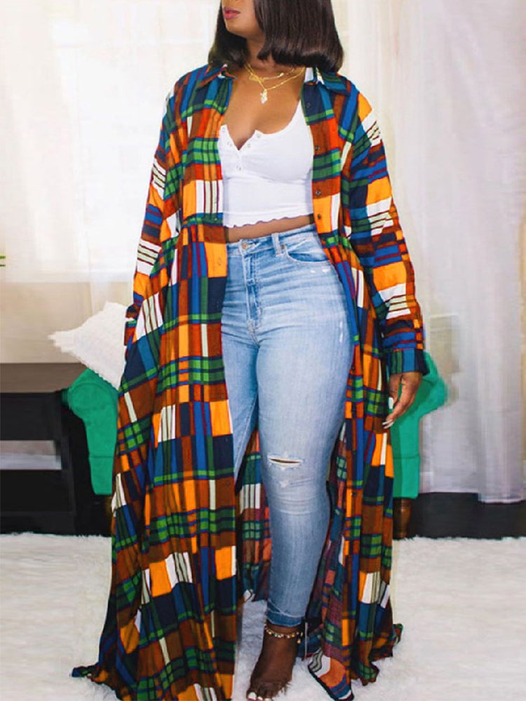 Plaid print long sleeve maxi dress with belted waist - View 8 | Lwiis