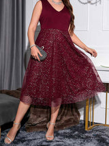 Contrast Mesh V-Neck Midi Dress - View 14 | Lwiis