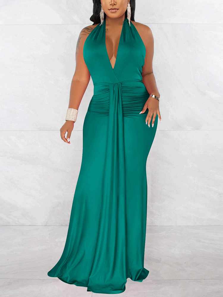 Halter neck ruched maxi dress - View 7 | Lwiis