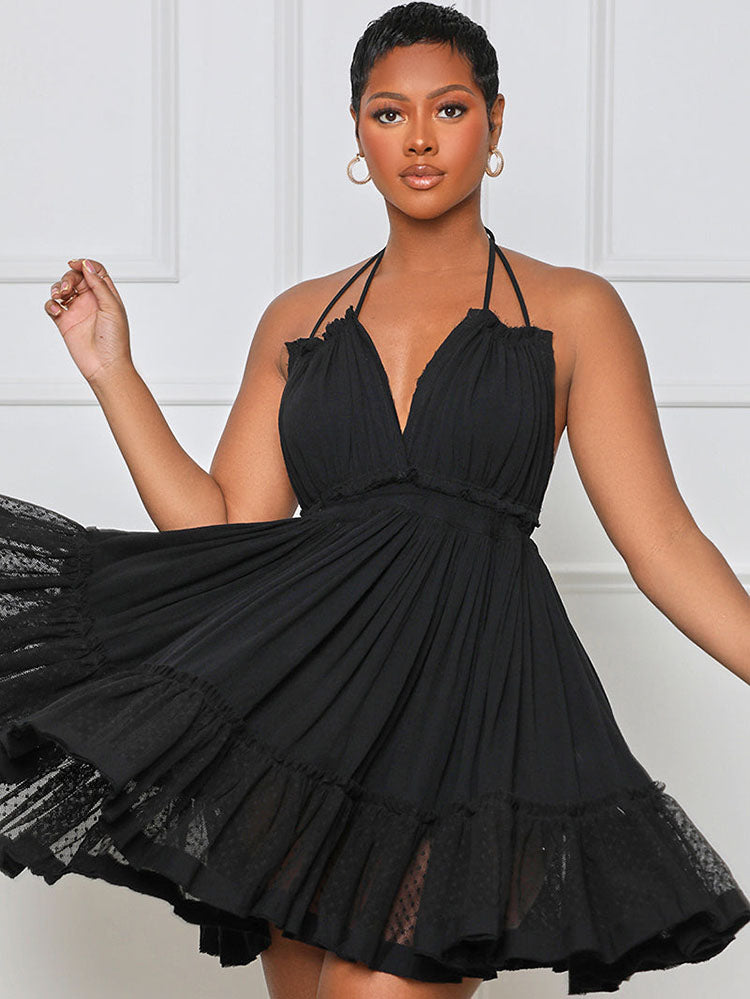 Halter neck mini dress with tiered skirt - View 8 | Lwiis