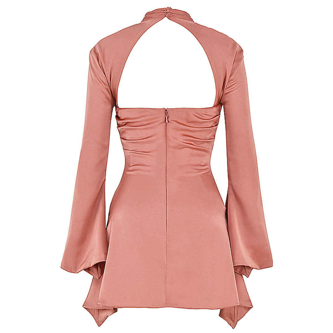 Back view of a rose gold satin mini dress with a cut-out neckline and flared sleeves