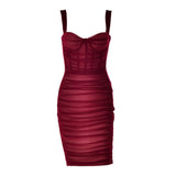 burgundy ruched velvet and mesh dress, front view