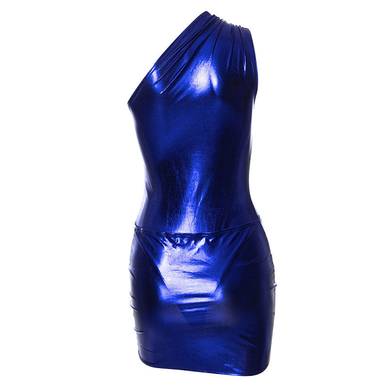 Blue one-shoulder metallic mini dress with ruched detailing and a twisted knot at the hem, shown from the side.