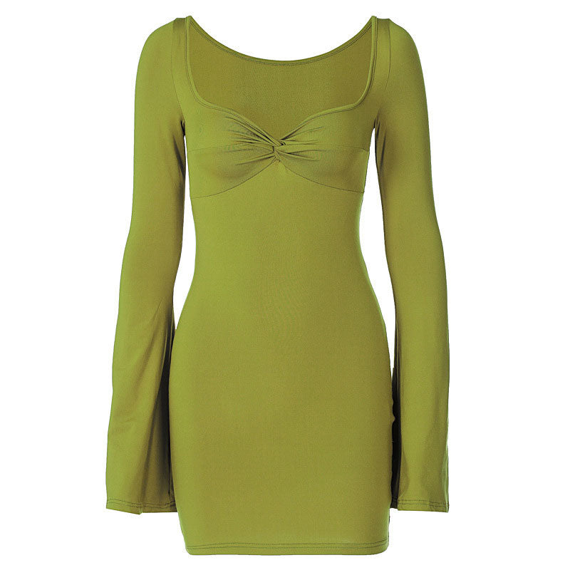 Lime green long-sleeved mini dress with a twisted front and flared sleeves, front view