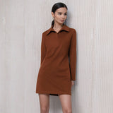 Woman wearing a brown long-sleeved collared mini dress
