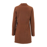 Back view of a brown long-sleeved shift dress with a collared neckline.