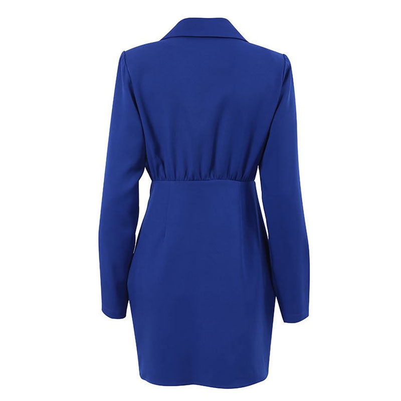 Back view of a royal blue blazer dress with a wrap front and tie detail.