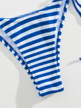 Close-up of the blue and white striped bikini bottoms