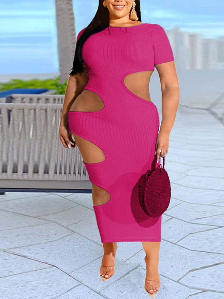 Ribbed knit fitted midi dress with cut-out detail - View 9 | Lwiis