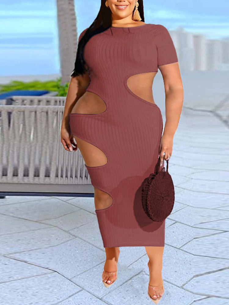 Ribbed knit fitted midi dress with cut-out detail - View 7 | Lwiis
