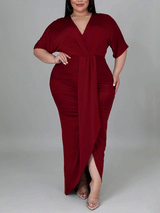 V-neck maxi dress with draped detailing and high slit - View 9 | Lwiis