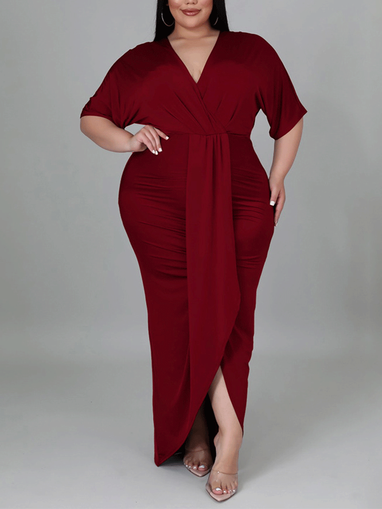 V-neck maxi dress with draped detailing and high slit - View 9 | Lwiis