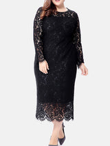plus size black lace long sleeve midi dress