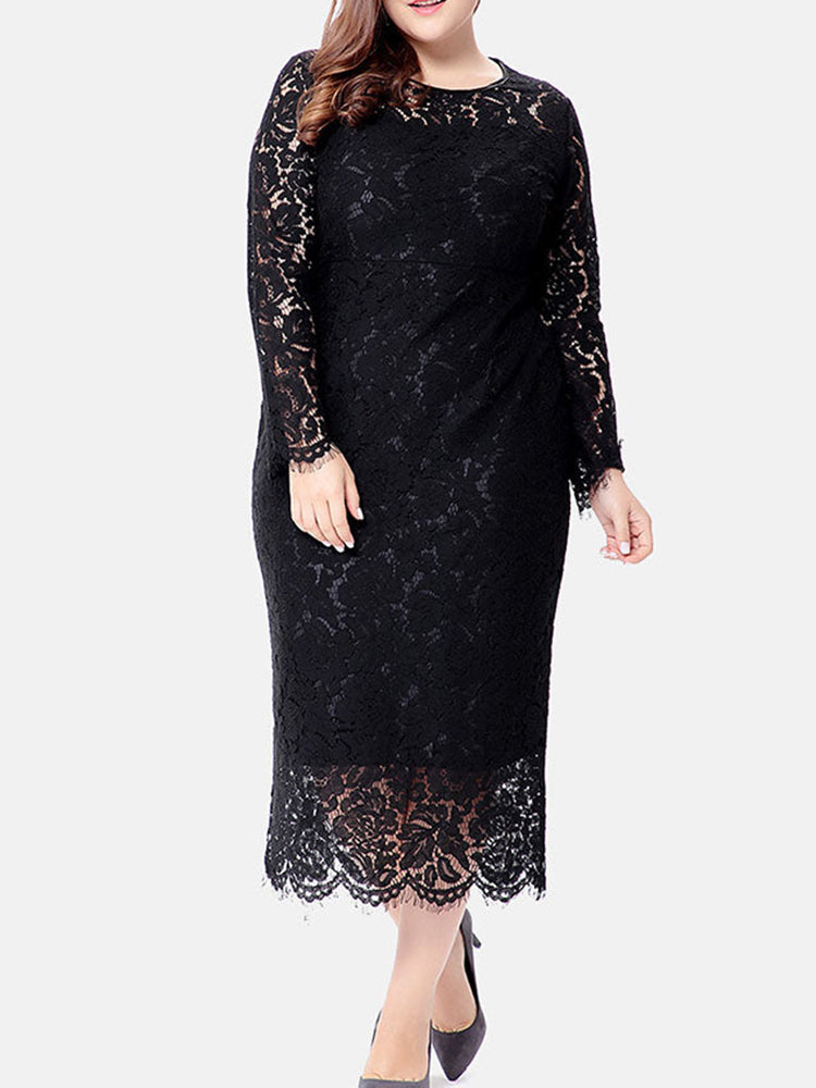 plus size black lace long sleeve midi dress