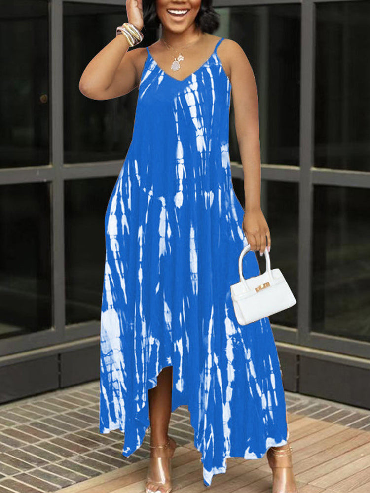 Women's sleeveless tie dye maxi dress with V-neckline and asymmetrical hem - View 10 | Lwiis