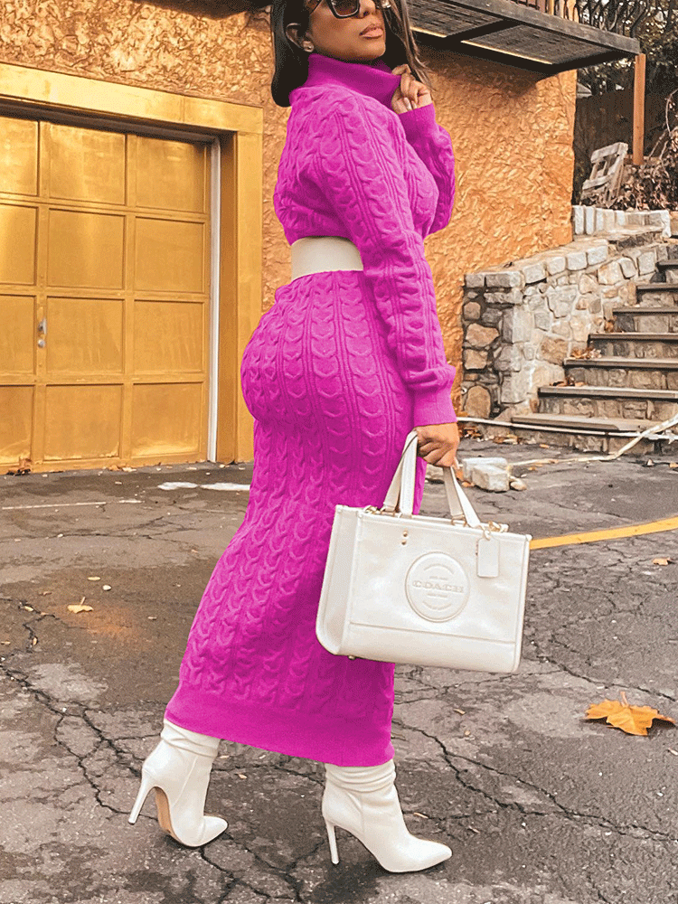 Ribbed knit high neck midi dress - View 9 | Lwiis