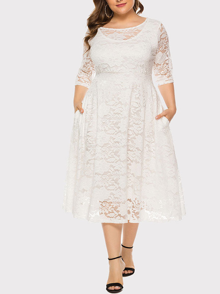 Plus size white lace midi dress with pockets